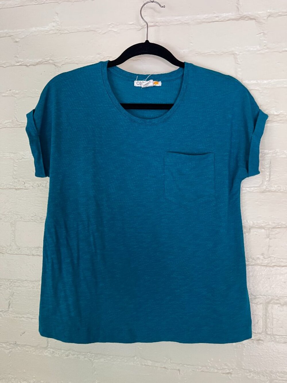 C&C California Small Rolled Sleeve T-Shirt Blue Turquoise Top